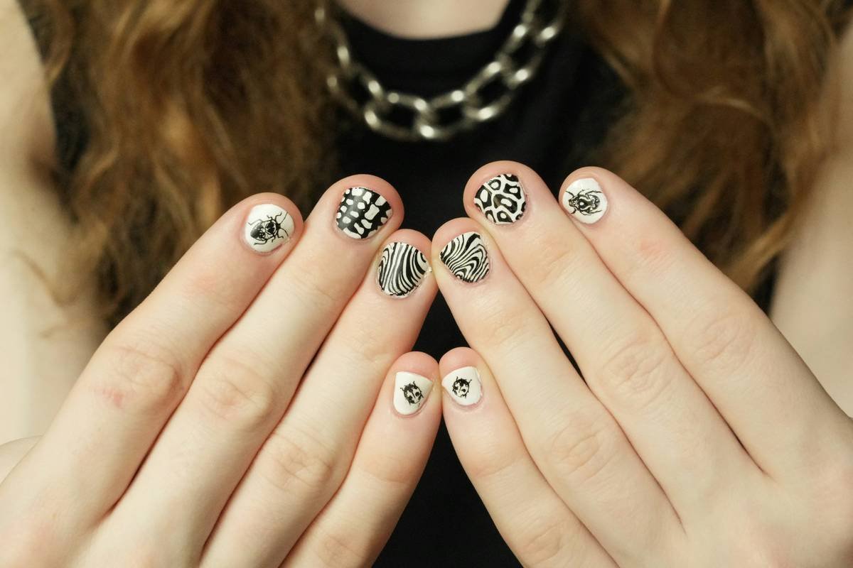 Side-by-side photo: left shows cluttered nail polishes on a bathroom counter; right shows the same polishes neatly arranged in an acrylic manicure storage tray with labeled sections