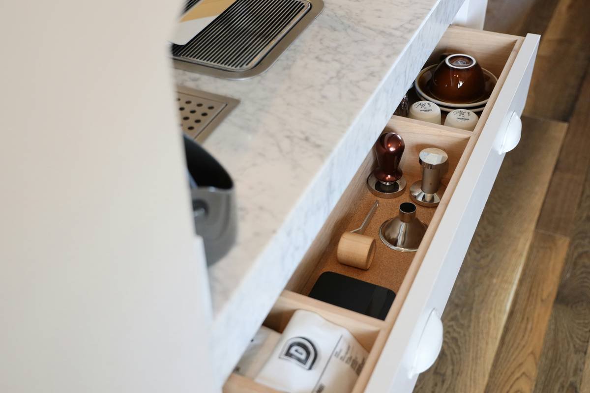Before and after of a nail polish storage drawer organized with horizontal placement and anti-slip lining
